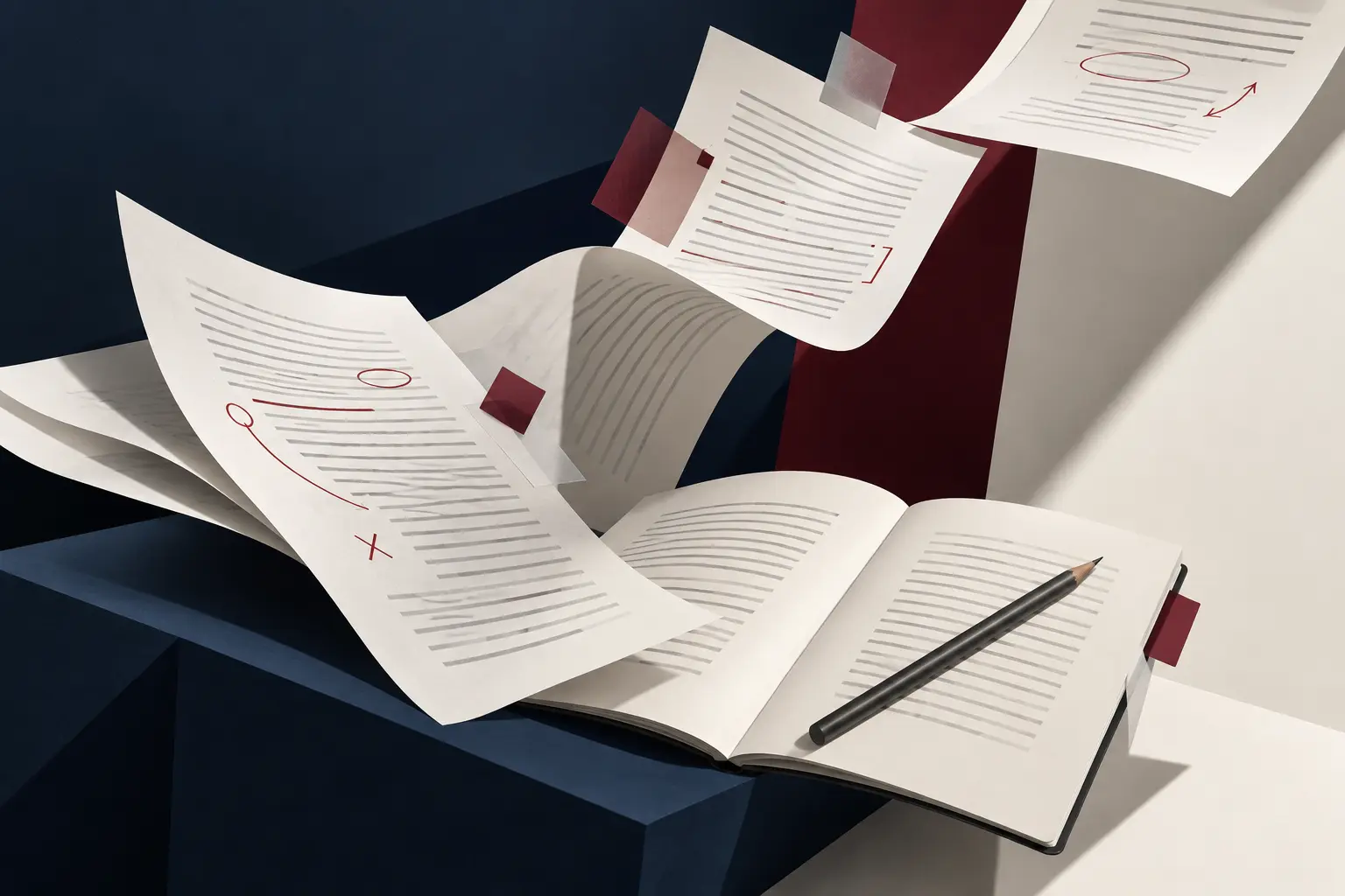 Composição editorial com páginas, marcações de revisão e caderno, representando a transformação do texto